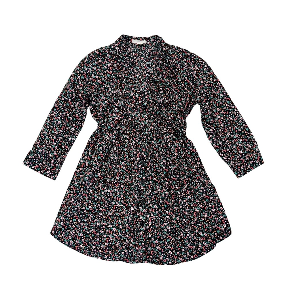 Vintage Black Multi Floral Button Down Tunic Shirt Black Y2K Long Sleeve SMALL